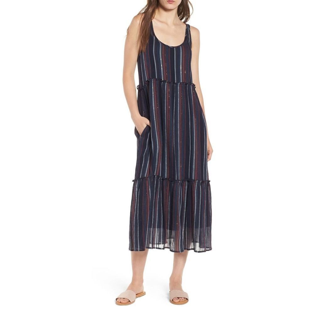 Hinge Striped Tiered blue gold thread Midi Dress